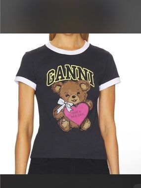 Ganni Cotton  Tee with Pink Heart Bear Graphic